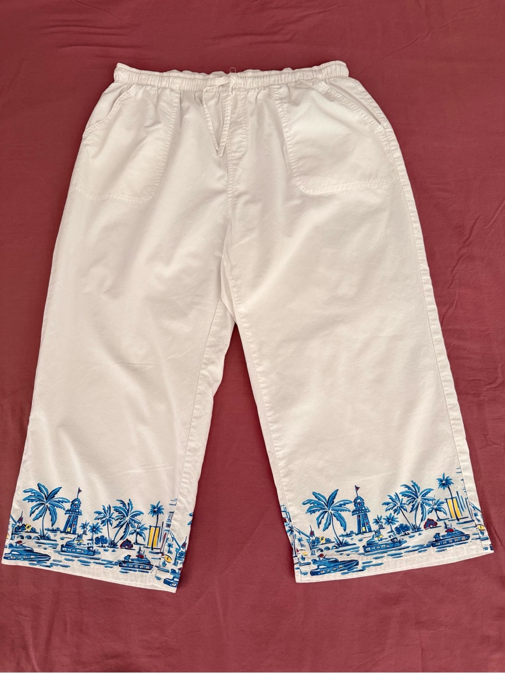 Pappagallo White Cotton Capri Pants Tropical Coastal Border Print Size M